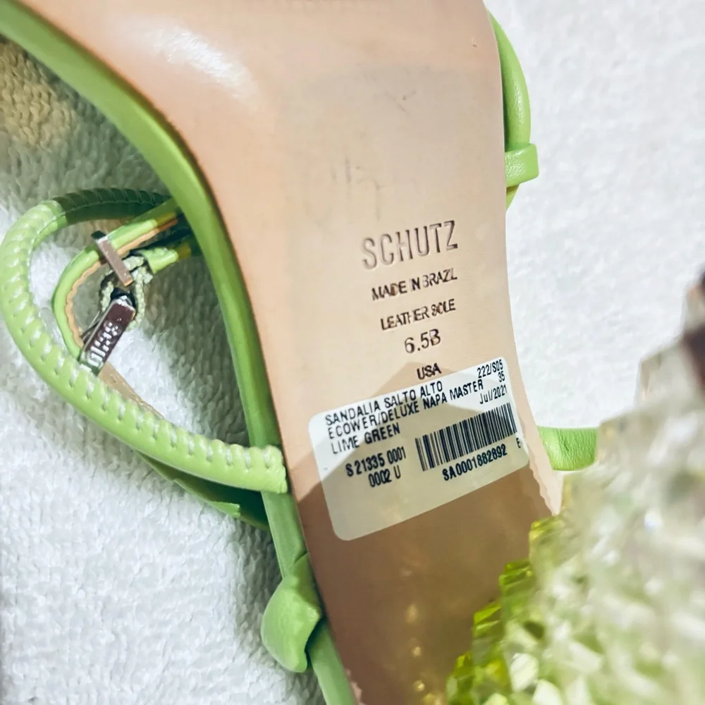 SCHUTZ Women’s Mayte Lime Green Leather‎ Acrylic Block Heel Sandal size 6.5